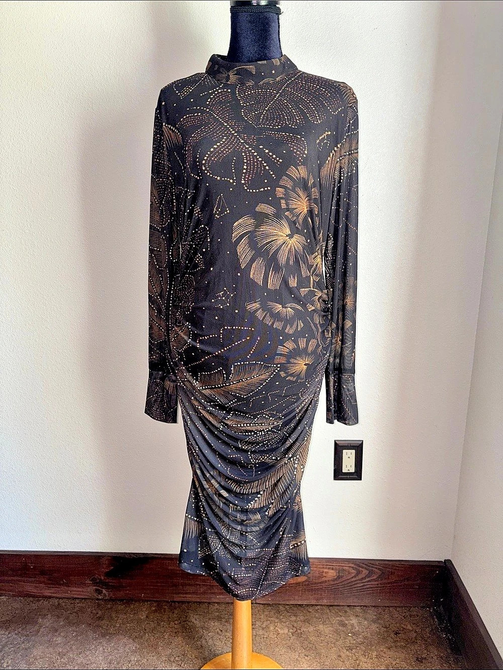 FARM Rio Golden Foliage Black Tulle Midi Dress Floral Black & Orange XL NWT